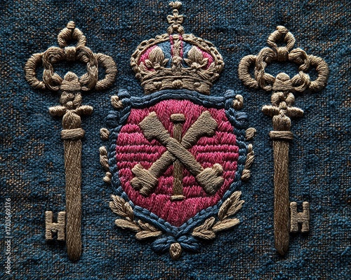 Embroidered crest on fabric.  Detailed, intricate design