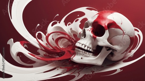 Artistic representation of a skull with red paint splashes on a vibrant background