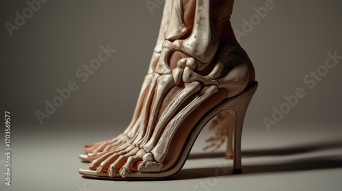 Artistic representation of high-heeled shoes designed with skeletal anatomy, showcasing elegance