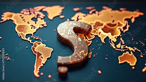 Artistic representation of a world map with a golden question mark symbolizing global inquiries