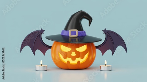 Pumpkin with Witch Hat and Bat Wings Halloween Decor