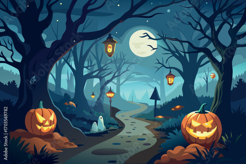 Spooky halloween forest path with jack o lanterns and ghosts