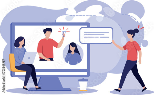 Illustration of people in a video conference on a large computer screen with abstract background