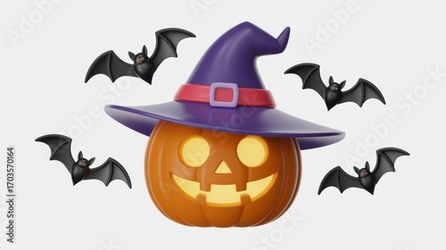 Pumpkin with Witch Hat and Bats for Halloween
