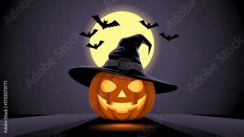 Pumpkin with Witch Hat and Bats for Fall Season