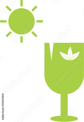 A set of green packaging symbols indicating fragile contents and the need to keep away from sunlight.