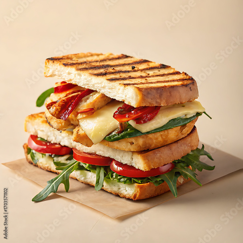Delectable gourmet grilled sandwich stacked high with fresh ingredients and melted cheese beautifully lit
