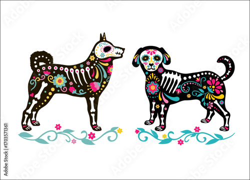 Day of the Dead, Dia de los muertos, animal skull and skeleton decorated with Mexican elements and flowers. Skeletons of dogs, puppies. Fiesta, Halloween, holiday poster, party