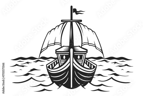 Black and white drawing shows sailing ship with sails on the wavy sea vector