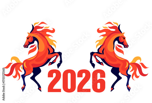 Horse Year 2026 New Year's. Features fiery horse art on white background, ideal for New Year wishes