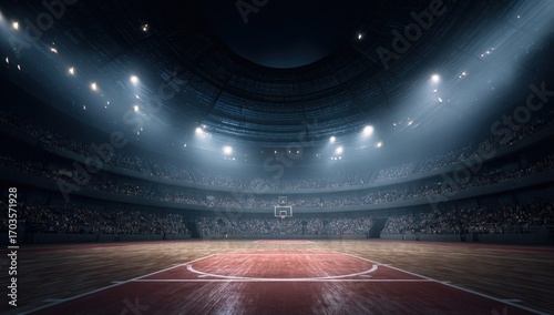 Basketball arena filled with spectators under stadium lights