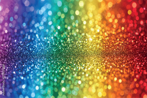 Vibrant rainbow glitter background with soft bokeh lights, offering a dazzling and joyful texture suitable for festive and creative designs