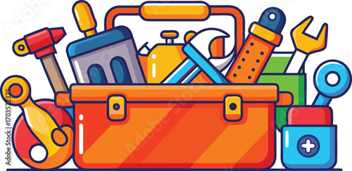 This cartoon vector illustration shows a fun back-to-school set of tools and supplies, including a book, bag, and car icon.