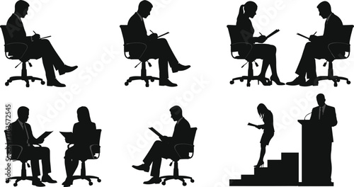 Silhouettes of business professionals reading, writing, presenting, in office chairs and podium, business communication, corporate training, seminar scene