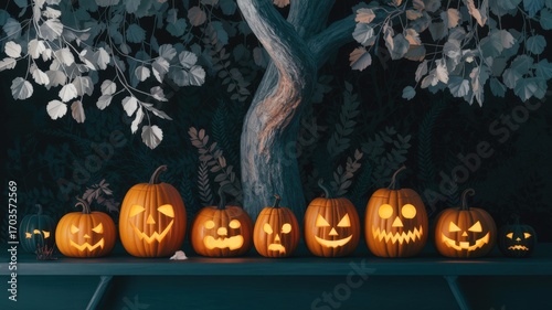 Row of Jack O Lanterns on a Shelf for Halloween