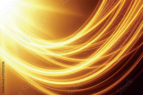 Abstract golden light trails curving gracefully with a luminous sun flare, conveying speed and dynamism