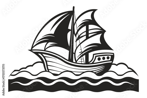 Black and white outline shows an old ship sailing on wavy ocean waters