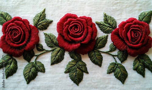Embroidered roses on white fabric