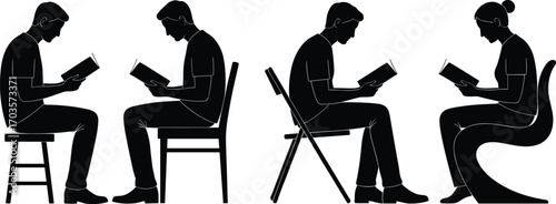 Silhouettes of people sitting on various chairs while reading books, education, learning, studying, literature, indoor reading activity illustration