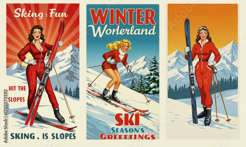 Vintage pin-up girl skiing poster. Winter sport poster in retro style with pin-up girl and titles. 