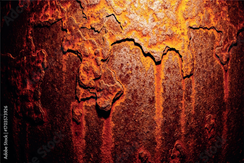 Closeup abstract texture of heavily rusted metal with dripping orange and brown corrosion, creating a dramatic and weathered surface