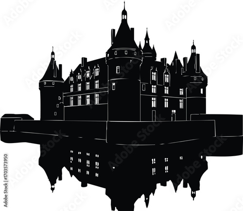 Silhouette illustration of a grand castle, reflected in water, symbolizing history, fantasy, and architectural majesty in a dramatic style