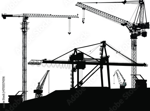 five industrial cranes composition on white background