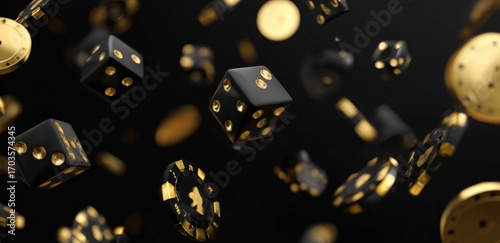 Casino gambling pieces in motion against a black backdrop