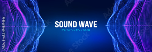 Particle AI sound wave with 3D blue tech and network data light. Design glitter for education effects and big future metaverse graphics with modern art.