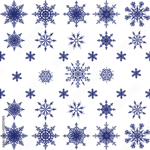 dark blue snowflakes collection on white
