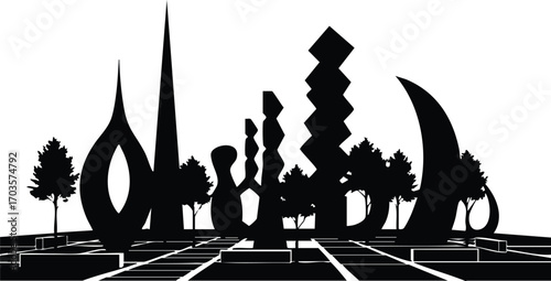 Silhouette of a city skyline, showcasing various architectural styles and landmarks, creating a dynamic and diverse urban landscape with trees and modern buildings
