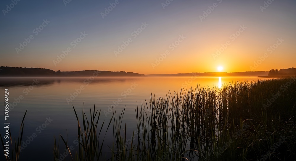 Obraz premium Golden sunrise over calm lake with reeds