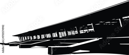 A striking black and white silhouette captures the architectural grandeur of a modern building, , showcasing its sleek lines and geometric forms with minimalist elegance