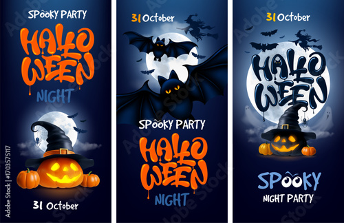 Set of spooky Halloween vertical web banners with lettering, 3d pumpkins, bats, witch hat, ghosts, and full moon. Party announcement, invitations, sale, and seasonal promotions. Vector illustration