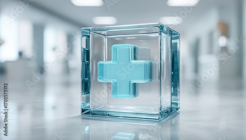 Transparent cube with a light-blue plus sign