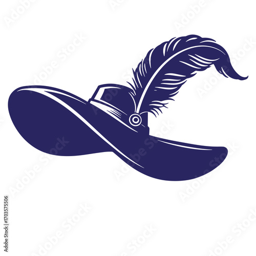 Elegant navy blue wide brimmed hat decorated with a large feather for design elements