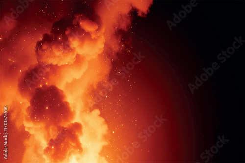 Explosion of bright orange fire and smoke against a dark background, with glowing embers and sparks