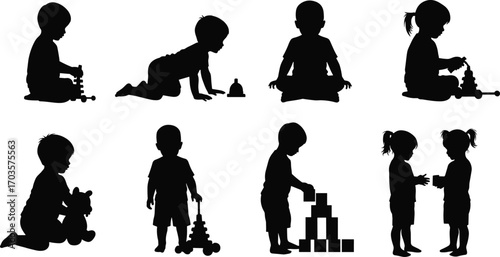 Silhouette children playing with toys, building blocks, crawling, sitting, learning, early childhood development, preschool education, fun, friendship, growth, activity