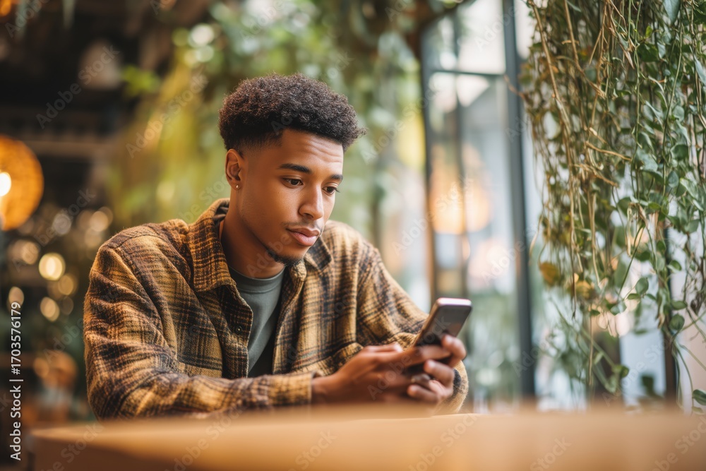 Fototapeta premium Young Man Checking Smartphone in Cozy Café