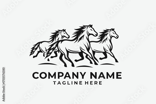 Black monochrome horses run gracefully in a coordinated team formation, showing movement