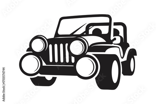 Black off road vehicle has headlights, tires, and a roof rack on a white