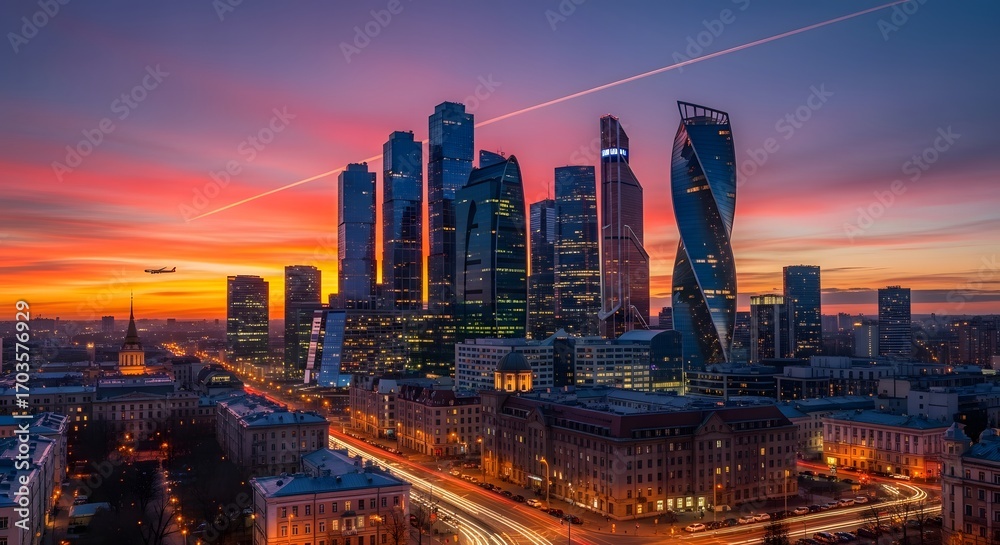 Obraz premium Vibrant Moscow City skyline at sunset with modern skyscrapers and glowing lights.