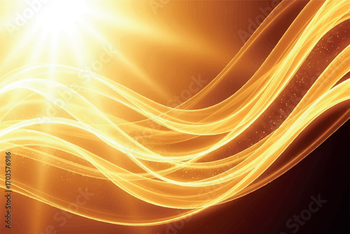 Abstract golden waves of light with sun flare effect on a dark background, representing energy and motion