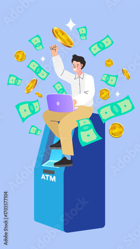 A successful man with a laptop celebrates his online earnings, sitting on an ATM under a shower of money. This illustrates financial freedom, profit from a freelance or e-commerce business.