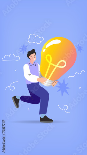 A creative man runs with a giant lightbulb, symbolizing a new idea, innovation, and a business solution. This energetic vector illustration represents a startup project, inspiration, and motivation.