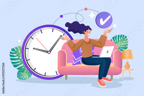 A happy woman on a sofa works remotely on her laptop, successfully completing a task on time. A giant clock and a checkmark icon illustrate effective time management, productivity, meeting a deadline