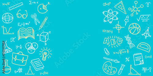 An education background with side borders made of hand-drawn school doodle icons. This creative vector template with a center copy space is perfect for a science poster or a back to school banner.