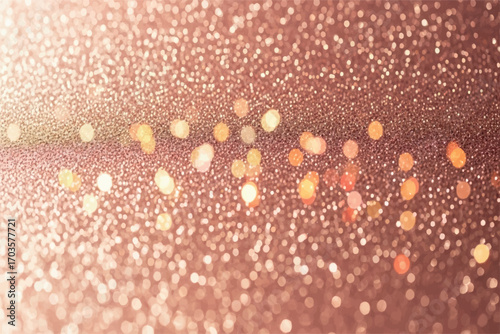 Soft focus rose gold glitter background with bokeh lights, creating a luxurious and festive atmosphere