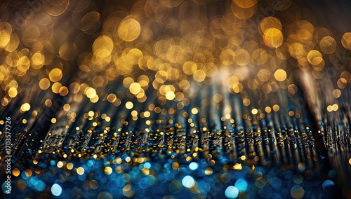 A dark wooden surface is adorned with scattered gold and blue glitter, blurred lights creating a bokeh effect in the background, suggesting a festive or celebratory mood