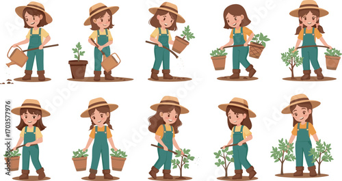 Cartoon girls gardening, watering plants, harvesting vegetables, outdoor activity, kids farming, nature care, spring garden, eco-friendly lifestyle illustration